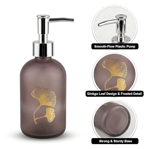 Image of Luxe Home International Flower Print Glass Soap Dispenser for Bathroom and Kitchen Sink Leak Proof Liquid Hand Wash Round Bottle Lightweight Smooth Finish (19.5x7.5 cm Brown) Pack of 1