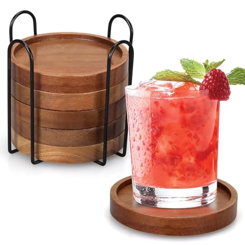 Image of 6 Pcs Best Wooden Coasters with Holder Coffee Table Decor Acacia Wood Coaster Set Modern Cup Coaster for Drink Home Dining Table Kitchen Accessories Cute Beer Bar Decorative Coasters