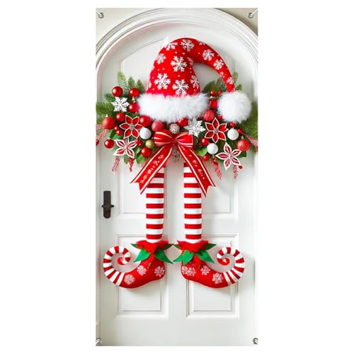 Cubierta para Puerta de Entrada, Cubierta de Puerta navideña, 35 x 71, Patas de Elfo, Navidad con Sombrero de Rayas Rojas y Blancas, Zapatos rizados, Guirnalda con Lazo, Adorno Colgante para decoraci