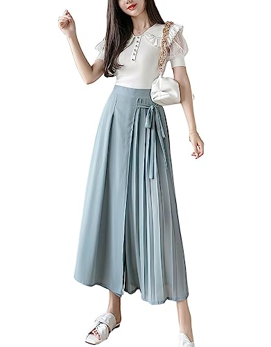 ebossy Women's Elastic High Waist Pleated Front Knot Layered Mesh Chiffon Wide Leg Pant Culottes