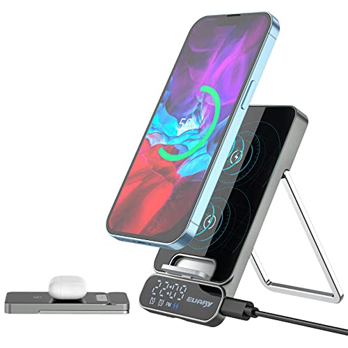Wireless Charger, 15W Fast Qi Wireless Charging Station for Apple iPhone Samsung, Portable Foldable Android Wireless Cell Phone Charger Stand with Alarm Clock for Multiple Devices Travel