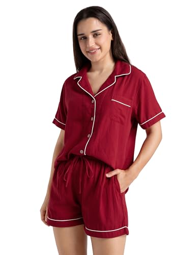 Image of Womens Muslin Pajama Sets 100% Cotton Double Gauze Linen Like Short | Breathable Soft Comfort Button Up Loungewear Sleepwear PJ Set
