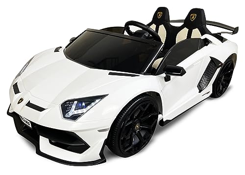 PEKECARS Coche Eléctrico para niños Lamborghini Aventador 2 Plazas 24V 2.4G Pantalla MP4 Blanco con Asiento en Polipiel y Ruedas de Caucho antipinchazos