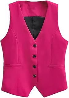 Chaleco de traje para mujer con cuello en V y botonadura simple, color rojo rosa, ajustado, corto, asimétrico, delgado, sin mangas