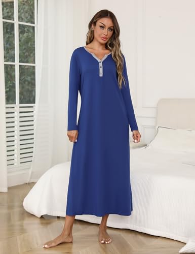 Marvmys Womens Long Sleeve Nightgowns Long Button Up Night Gown Henley V Neck Full Length Sleep Shirts with Pocket3