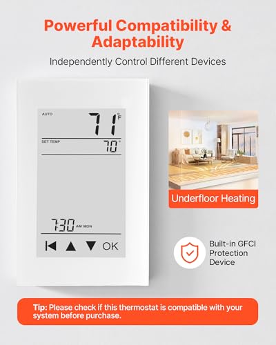 Image of VEVOR 7-Day Programmable Thermostat Gray-White (Without WiFi) - for Radiant Underfloor Heating Cable & Heat Pump, GFCI & Sensitive Sensor, LCD Touchscreen, Energy-Efficient