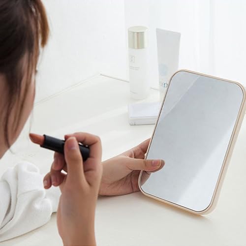 Image of Hand Mirror | Glass Rectangle Cosmetic Standing Mirror for Makeup, Portable for Travel, Camping, Home (Cream - Pack of 1, Rectangular, Floor Mount, Framed)