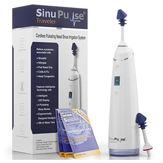 SinuPulse Traveler with 30 Sinuair Packets - Cordless Pulsating Nasal Irrigation Sinus Rinse System, Space Saving Cleaner & Relief Machine for Travel, More Effective than Neti Pot or Nose Spray Bottle