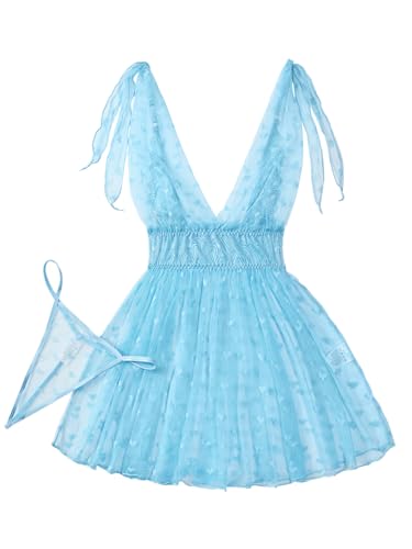 Image of Lilosy Sexy Polka Dots Mesh Sheer Lace Babydoll Chemise Lingerie Set Floral Sleep Wear