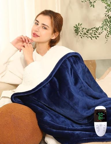 Image of ARCOVA HOME Heated Throw Blanket, Electric Blanket Throw with 6 Heating Levels and 2-10 Hours Time Settings, Flannel to Sherpa Super Cozy Heated Blanket (60 X 60 Inches) - Blue