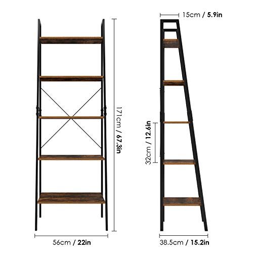 Homfa Industrial Ladder Shelf, 5 Tier Bookshelf Plant Flower Stand Storage Rack Multipurpose Utility Organizer Shelves Wood Look Accent Metal Frame Furniture Home Office
