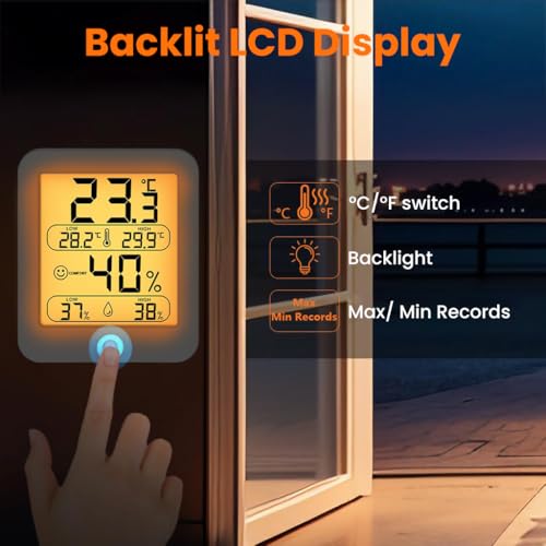 Image of HASTHIP Magnetic Digital Temperature Meter and Humidity Meter, Indoor Thermometer Hygrometer Monitor with LCD Backlight, Small Thermo-hygrometer Sensor for Room