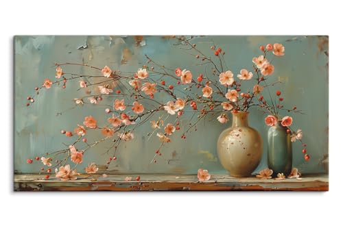 Paul Sinus Tableau mural sur toile et cadre bois - Fleurs de cerisier élégantes dans des vases - Nature morte harmonieuse - Décoration élégante de salon - 120 x 60...