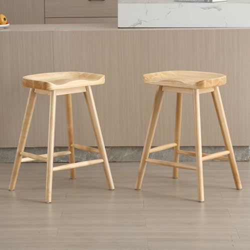 Image of HNY Backless Counter Height Bar Stools Set of 2, 24'' Rustic Farmhouse Wooden Saddle Stools Ergonomic-Seat Bar Chairs, Bar Height Barstools for Kitchen Counter Island, Natural