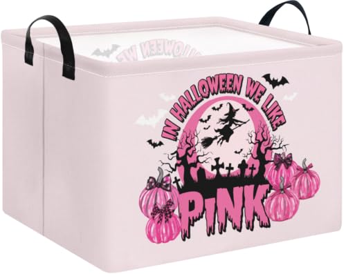 Image of Pink Spooky Cute Witch Halloween Basket with Pumpkin Prints, Trick or Treat Storage basket for Gifts and Party Stuffers(Black Pink Halloween)