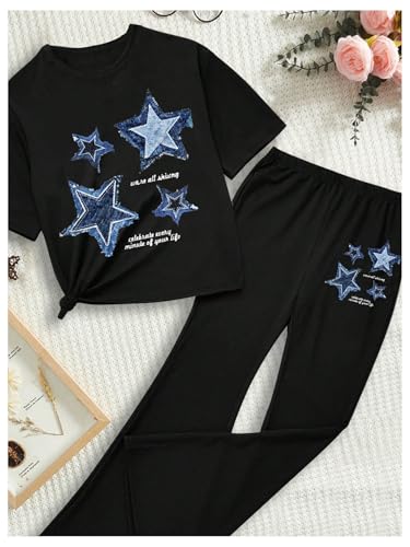 Image of SweatyRocks Girl's 2 Piece Outfits Y2k Star Graphic Short Sleeve T Shirt and Flare Pants Set Black 12Y