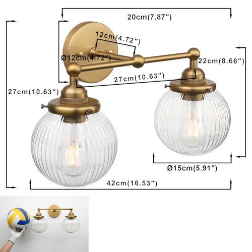 Image of Yosoan 2-Light Indoor Boho Vanity Wall Sconce with Striped Round Glass, Brass Gold Modern Hardwired Vintage Industrial Wall Mount Farmhouse Retro Ribbed Shade for Bathroom Kitchen Bedroom(Antique)