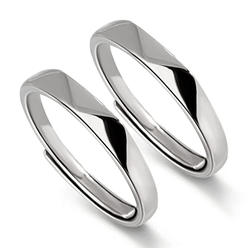 Meissa 2Pcs Couple Bands Plain Minimalist Matching Promise Rings Sterling Silver Handmade Couple Rings for Men and Women Size Adjustable (Set of Two Rings)