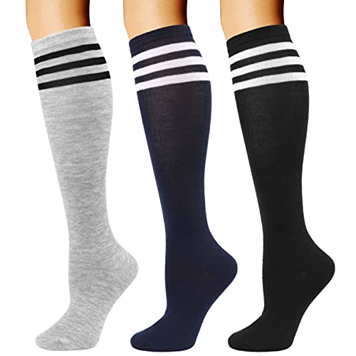 Image of DRESHOW 3 Pairs Cotton Knee High Socks for Women Solid Knit Knee Long Stocking Leg Warmer All Season Gift