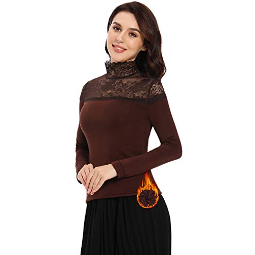 Thermal Underwear Shirts for Women Long Sleeve Fleece Lined Top Lace Turtleneck Base Layer (Brown, M)
