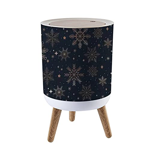 TOMYEUS Small Trash Can with Lid Elegant Christmas Seamless with Rose Gold Snowflakes and Navy Blue Garbage Bin Wood Waste Bin Press Cover Round Wastebasket for Bathroom Bedroom Office Kitchen