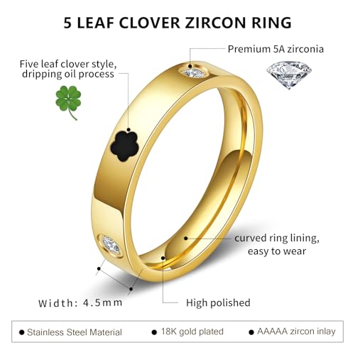 AmorArtSky 18k Gold Five Leaf Clover Dainty Inlaid Zircon Ring for Women:Fashion Lucky Five Leaf Love Promise Rings Stainless Steel Wedding Band Promise Ring Jewelry Birthday Gifts for Women2