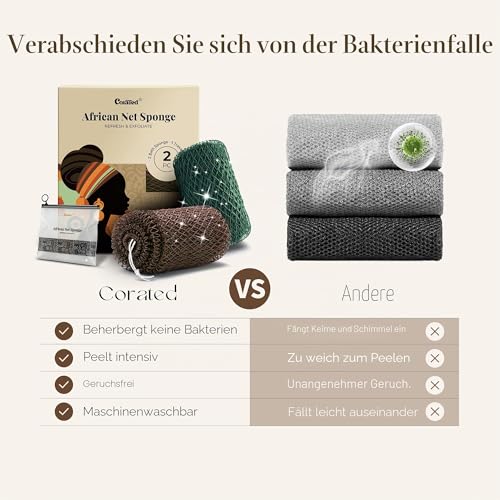 CORATED 2 Stücke Afrikanischer Netzschwamm für Körperpflege, African Net Sponge, Tiefenreinigung, Waschbar (Leinen und Braun)