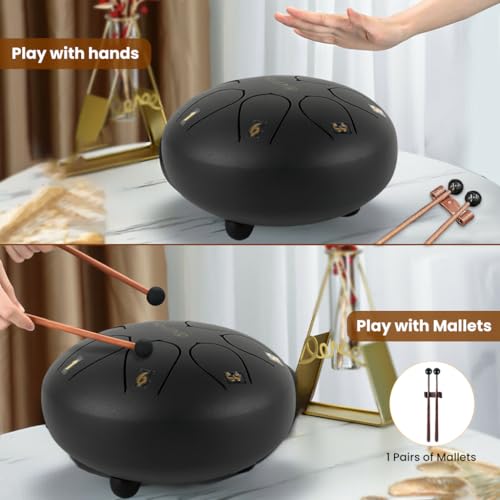 Image of HASTHIP Steel Tongue Drum 8 Note, 6 inch Percussion Instrument Handpan Drum with Bag, Music Book and Mallets for Kids and Adults Meditation Musical Education Concert Mind Healing Yoga (Black)