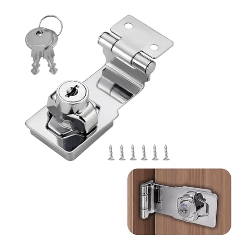 COAFTUG Keyed Hasp Lock Right Angle 90 Degrees 3 inch Hasp and Staple with Padlock Silver Door Latch Hasp Twist Knob Shed Door Locks Zinc Alloy Keyed Locking Hasp with Key for Bedroom Cupboard Gate