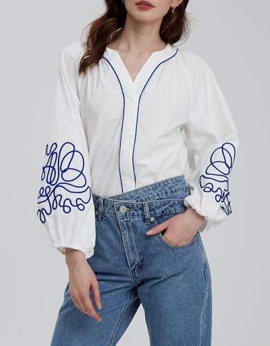 Kedera Women's Casual Floral Embroidered V Neck Blouses Boho Long Balloon Sleeve Mexican Shirts Loose Summer Fall Tops 20254