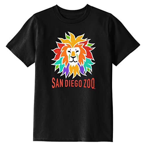 San Diego Zoo Colorful Lion Youth Tee, Black with Rainbow Lion Head Design, 100% Recycled Fabric, Kids Crew Neck T-Shirt