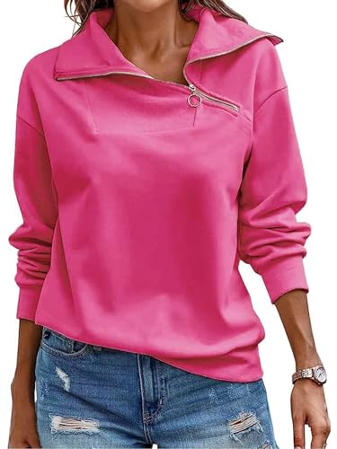 Image of Cuptacc Sweatshirts Women Long Sleeve Quarter Zip Jumper Hot Pink S 8-10
