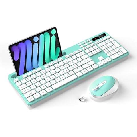 Wireless Keyboard and Mouse Combo, Soueto 2.4G Full-Sized Computer Keyboard with Phone Tablet Holder, 22 Multimedia Shortcuts, Numeric Keypad, 6 Button Silent Mouse for Windows, Mac (Mint Green) Cover