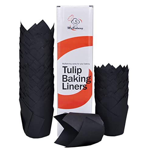 MyBakning Black color Large size Tulip Baking Cups 2-1/4"(Base diameter) x 4"(Wall height) Parchment paper baking cupcake Muffin liners, Case of 130 pcs
