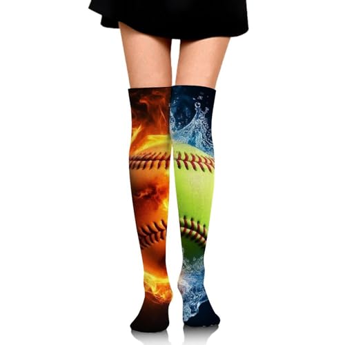 Meaudiwes Knee High Athletic Socks, Tube Outdoor Sport Stockings, Ice Water Fire Flame Softball Baseball Fashion Long Leg Socks