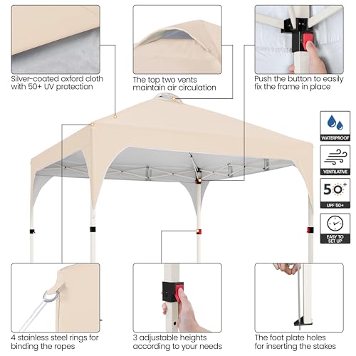 Yaheetech Pop Up Gazebo, 3x3m Garden Instant Shelter Waterproof Garden Patio Canopy with 4 Sandbags, 4 Ropes & 12 Stakes, Wheeled Bag, Metal Frame, Adjustable Height, Top Air Vent, Beige - Image 5