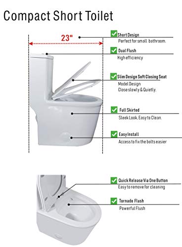 Winzo Wz5069 Small Modern One Piece Toilet Dual Flush 12" Rough In 23-In Depth Short For Compact Tiny Bathroom Powder Room White #TOP2