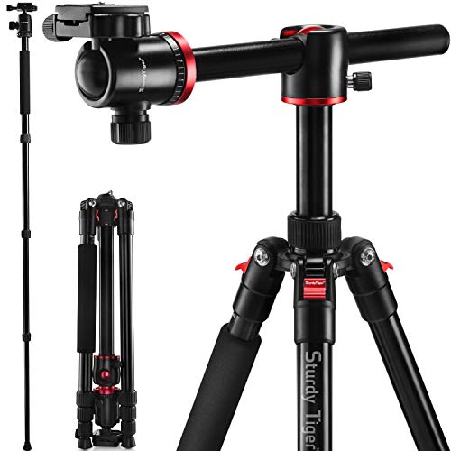 Sturdy Tiger 75” Camera Tripod & Monopod for DSLR, Professional Horizontal Arm Tripod with 360 Degree Metal Ball Head, Compact Aluminum Tripod for Travel and Work, Sturdy and Easy to Use