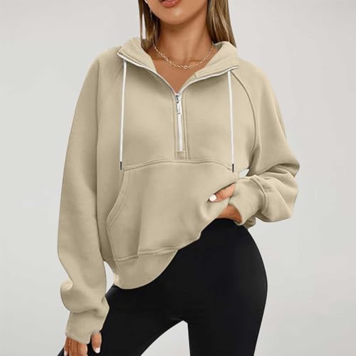 Sweatshirt for Women Half Zip Long Sleeve Drawstring Solid Pullover Loose Casual Teen Girl Fall Coat Tops with Pocket2