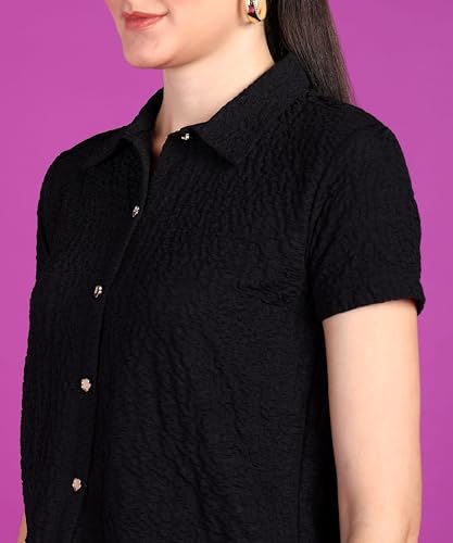Image of POPWINGS Women Casual Beige Rimjhim Solid Shirt | Half Short Sleeve Shirt | Collar Button Shirt | Simple Solid Shirt