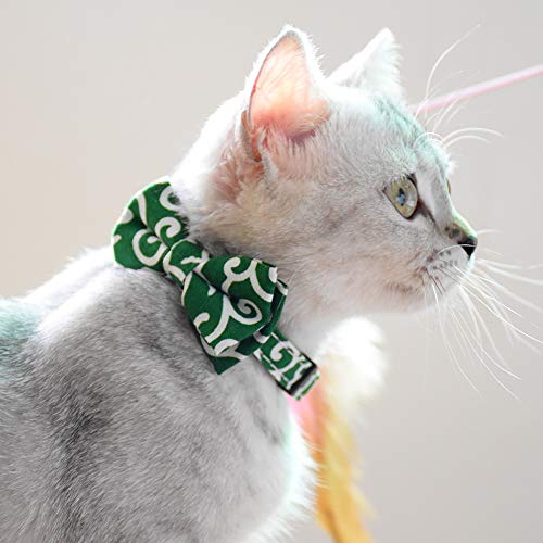 Image of Cat Collar Breakaway with Bell and Accessories, Printing Kitten Collar Bowtie for Kitty 10 Colors Adjustable 7.5-11in (Green Flower)