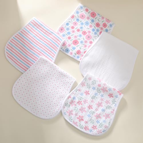 sleepyturtle 5 Pack Baby Burp Cloths, Unisex Newborn Burping Cloths, Soft and Absorbent Muslin Cotton, Large Size for Newborn, (Pink-mg)4