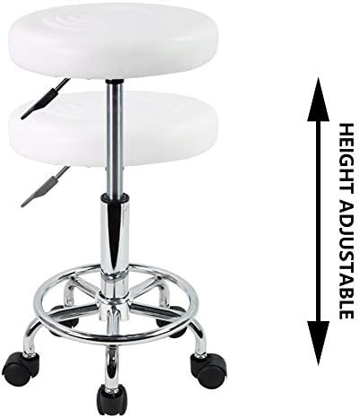 KKTONER PU Leather Round Rolling Stool with Foot Rest Swivel Height Adjustment Medical Spa Drafting Salon Tattoo Work Office Massage Stools Task Chair (White)