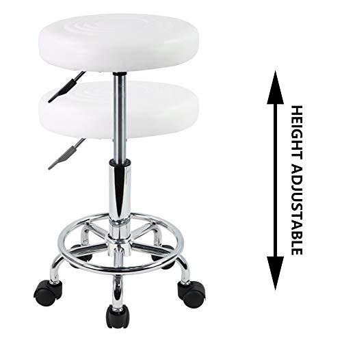 KKTONER PU Leather Modern Round Rolling Stool with Footrest Height Adjustable Spa Drafting Salon Tattoo Work Massage Stools Task Chair Small (White) - Thumbnail 5