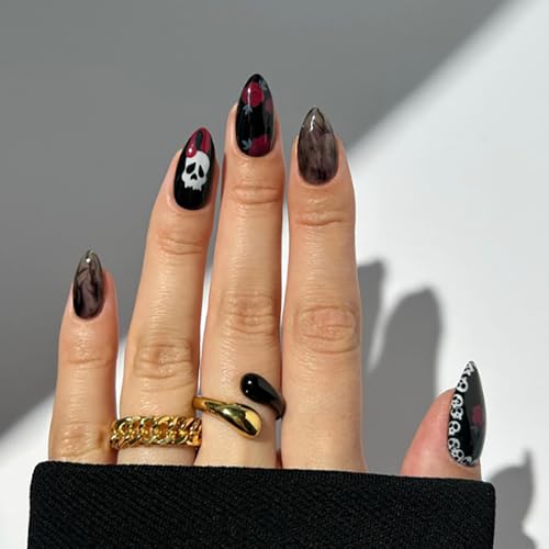 24 Pcs Black Nails Halloween Press on Nails Medium Length Fake Nails Almond RIICFDD Nails with Red Rose and Skull Pattern Design Full Cover Horror Stick on Nails for Women and Girls