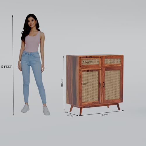 Image of DRIFTINGWOOD Amber Solid Sheesham Wood Sideboard Cabinet | 2-Door Storage Console with 2 Drawers for Living Room & Dining Room | Honey Finish