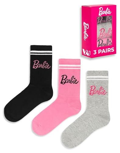 Barbie Socken 3 Pack Womens Damen Rosa graue schwarze Puppenkleidung 37 EU-41 EU