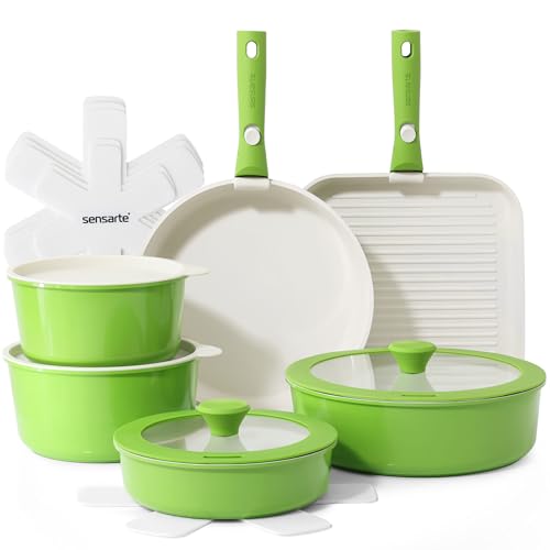 Image of SENSARTE 17 Piece Ceramic Pots and Pans Set, Nonstick Detachable Handle Cookware, Induction Kitchen Cookware Set with Removable Handle, Dishwasher & Oven Safe (Green)