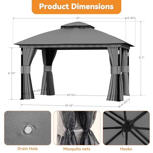 Covered Outdoor Patio Gazebo 10'x12' with LED Lights & Bluetooth Speaker, Heavy Duty Outdoor Canopy Shelter with Metal Frame, Double Roofs, Soft Top Gazebo with Netting and Curtains for Backyard, Gray - Image 3