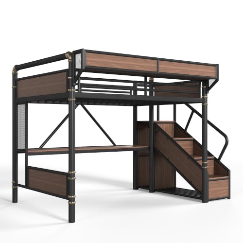 Image of Bellemave Queen loft Bed with Storage Stairs, Wardrobe, Shelves, Metal Queen Loft Bed Frame for Adults, Kids, Teens, Black+Natural Wood with Black Stairs
